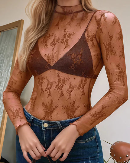 Floral Mock Neck Long Sleeve Mesh Top Caramel