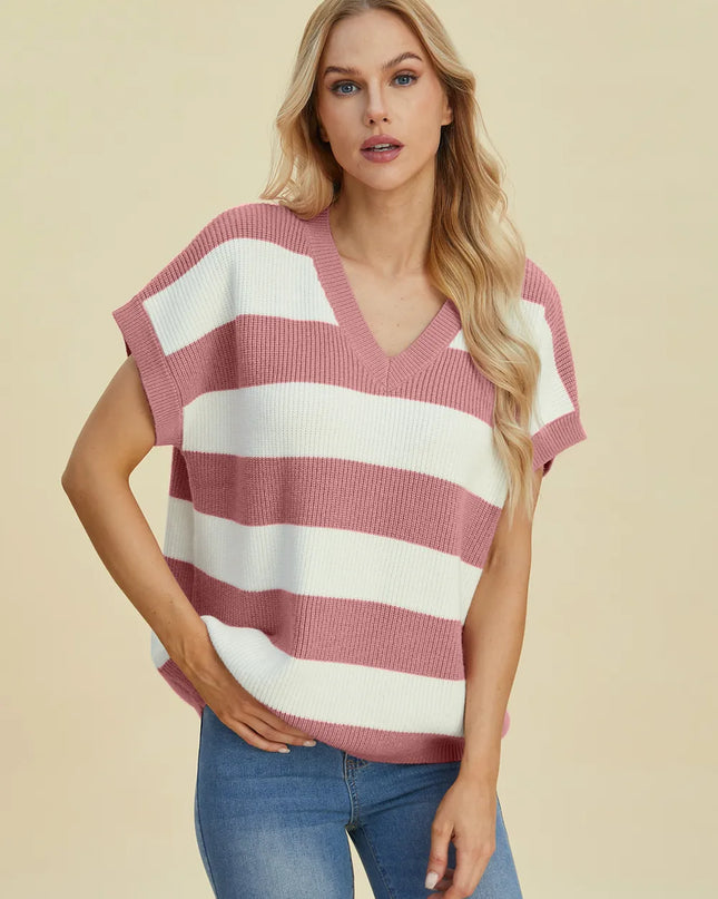 Double Take Full Size Striped V-Neck Short Sleeve Sweater