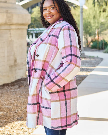 Double Take Full Size Plaid Button Up Lapel Collar Coat