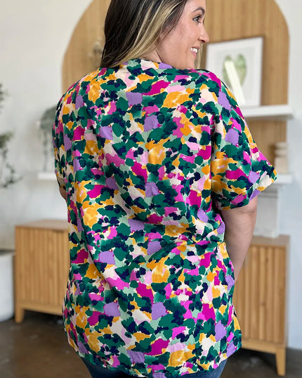 Double Take Full Size Printed V-Neck Short Sleeve Side Slit Top