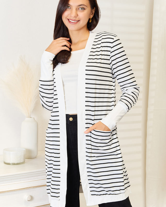 Double Take Striped Open Front Longline Cardigan White