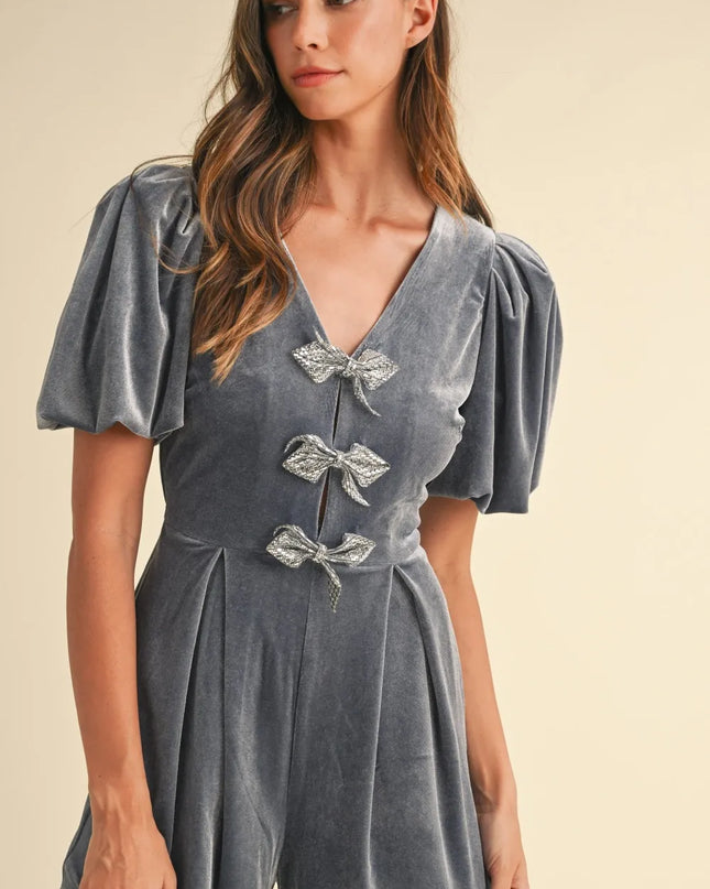Mable Jewel Bow Decor Puff Sleeve Velvet Romper