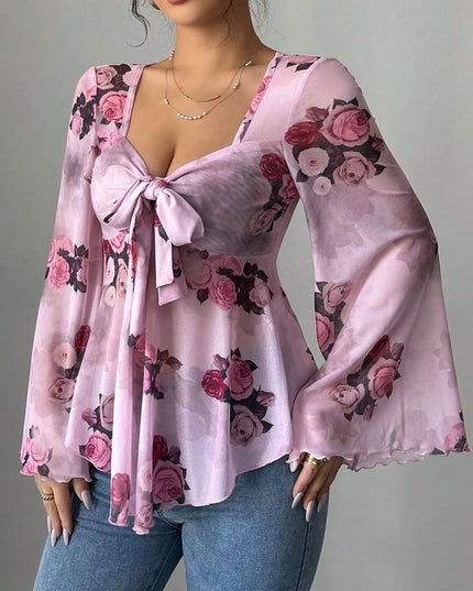 Floral Tie Front Flare Sleeve Blouse