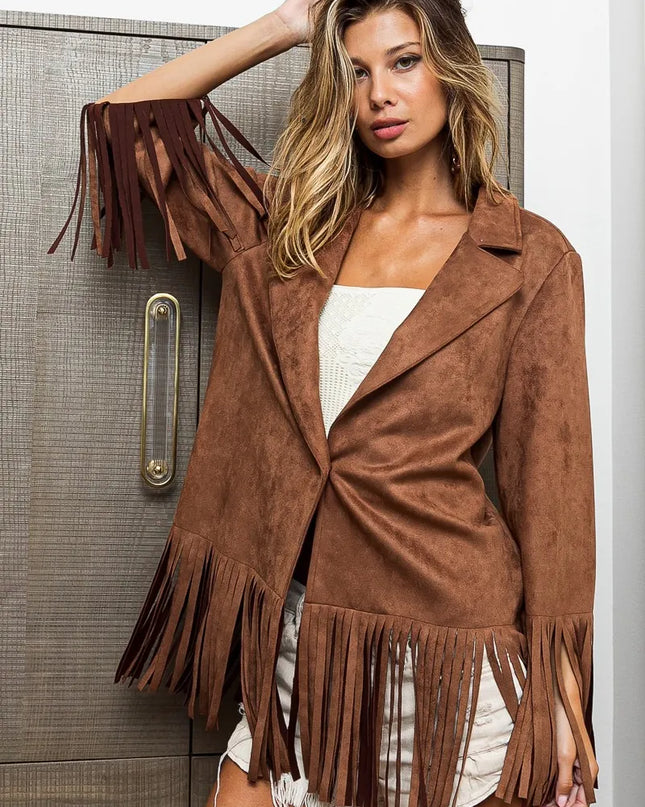 BiBi Suede Single Blazer with Fringed Hem