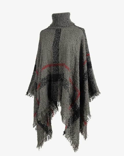 Plaid Turtleneck Raw Hem Poncho