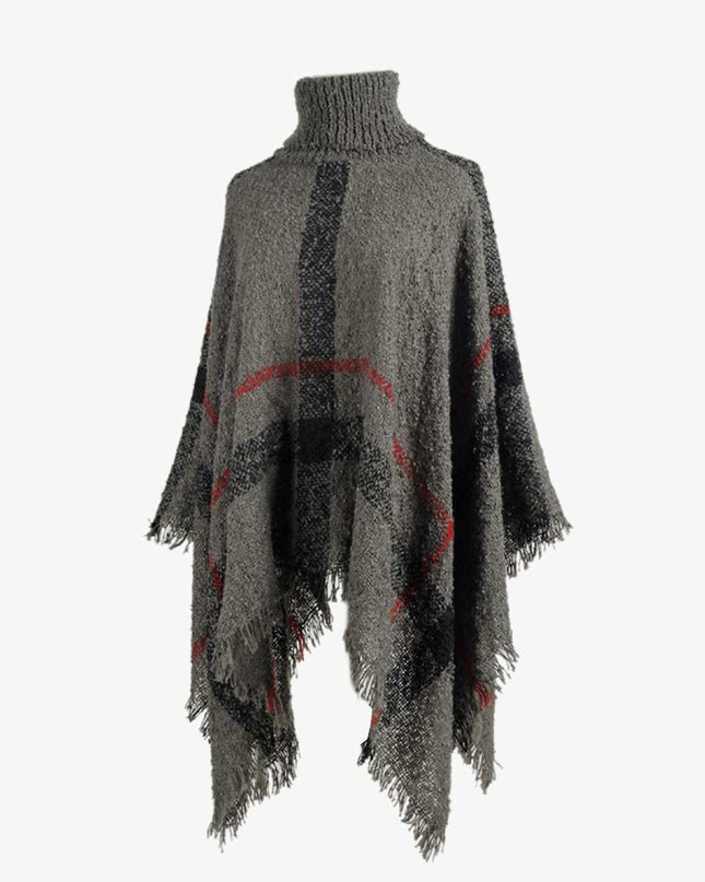 Plaid Turtleneck Raw Hem Poncho