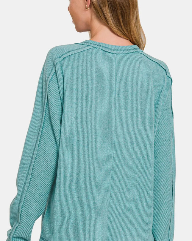 Zenana Full Size Contrast Stitching Brushed Ribbed Hacci Knit Top Plu Size