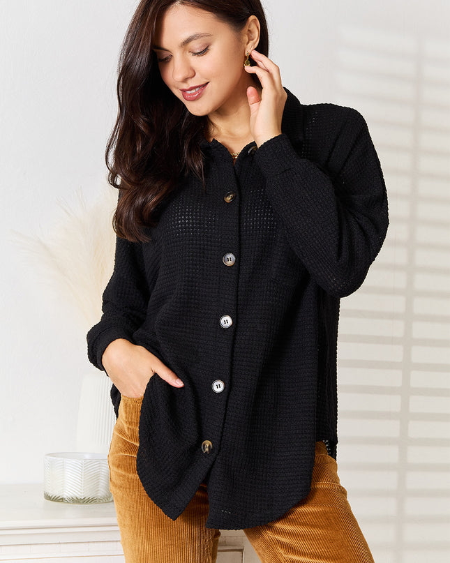 Double Take Waffle-Knit Collared Neck Dropped Shoulder Shirt Black