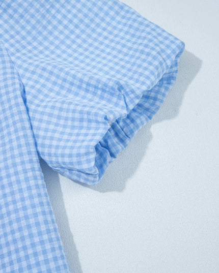 Gingham Print Puff Sleeve Button-Up Shirt