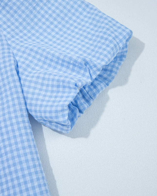Gingham Print Puff Sleeve Button-Up Shirt