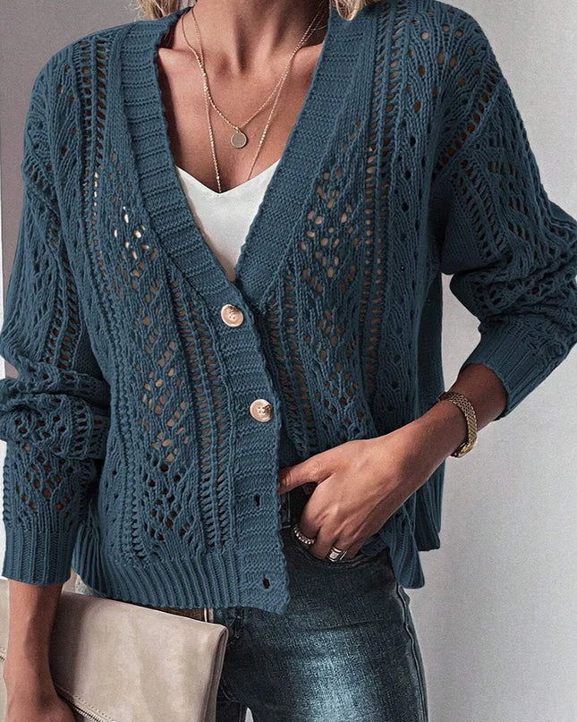 Openwork Button Up Long Sleeve Cardigan Peacock Blue
