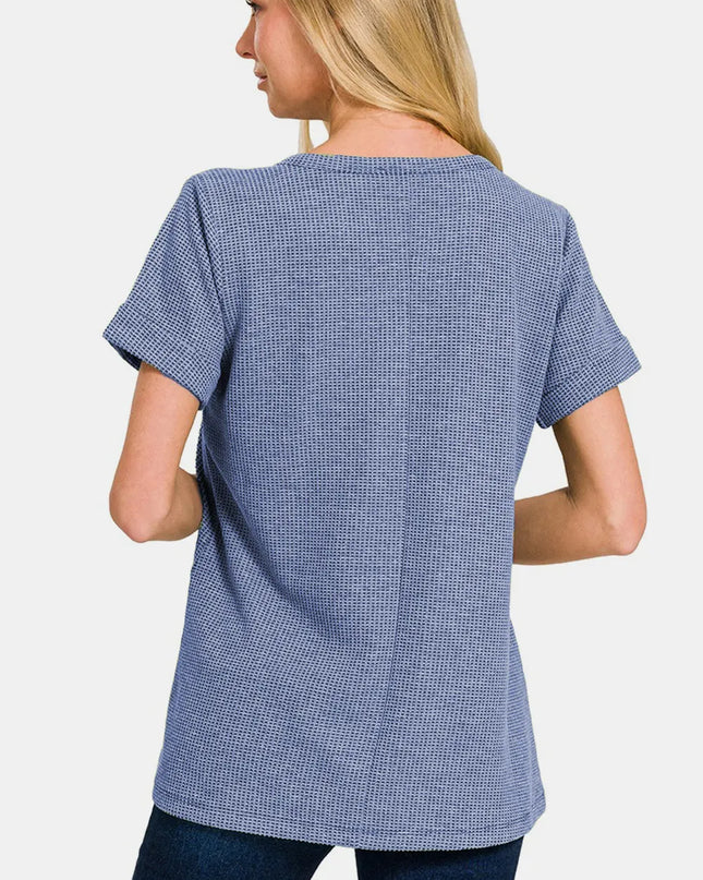 Zenana Notched Short Sleeve Waffle T-Shirt