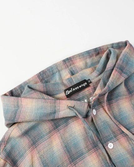 Men's Drawstring Plaid Button Up Hooded Shirt