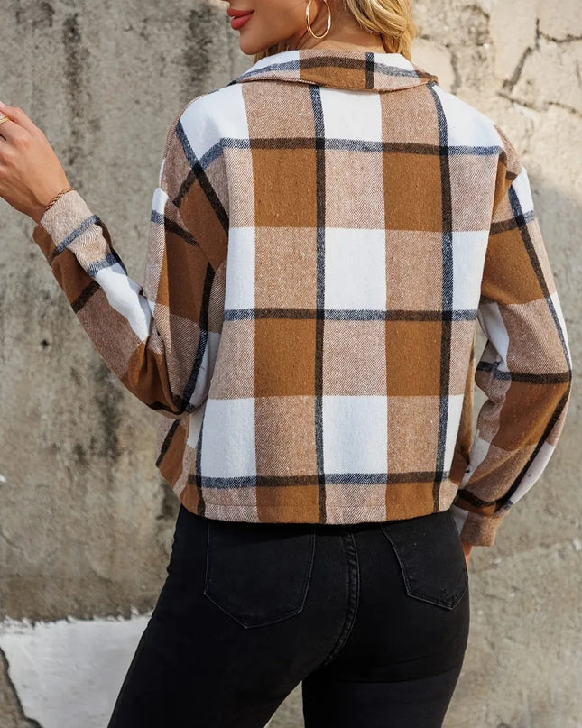 Plaid Collared Neck Cropped Jacket