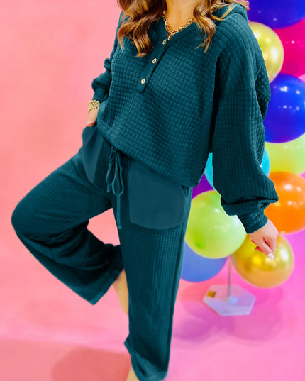 Waffled Textured Raw Edge Patchwork Top and Pants 2pcs Set Deep Teal