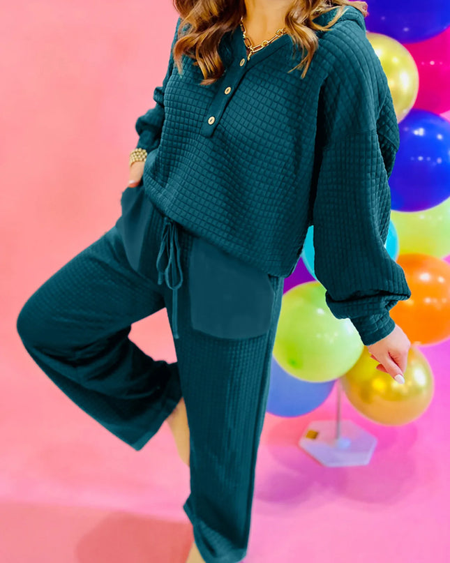 Waffled Textured Raw Edge Patchwork Top and Pants 2pcs Set Deep Teal