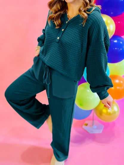 Waffled Textured Raw Edge Patchwork Top and Pants 2pcs Set Deep Teal