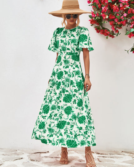 Floral Round Neck Tied Open Back Dress