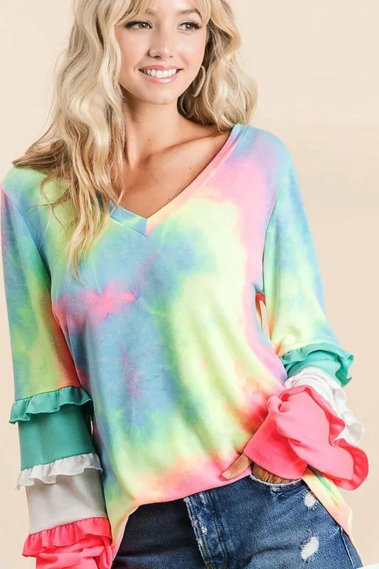 BiBi Tie Dye V Neck Top with Color Block Sleeves