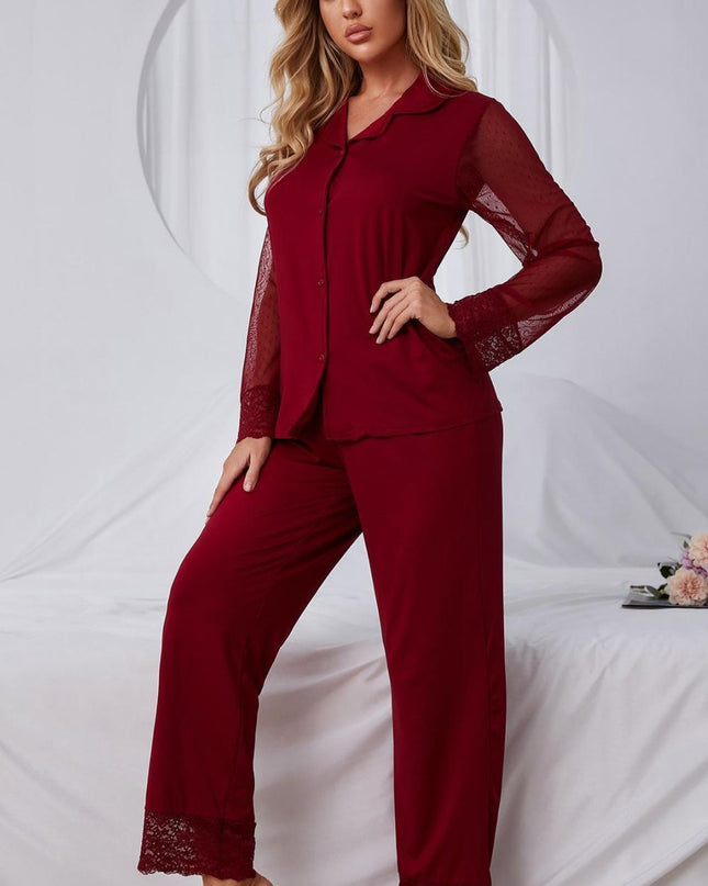 Spliced Lace Lapel Collar Pajama Set