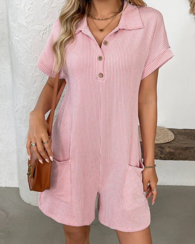 Button Detail Collared Neck Short Sleeve Romper