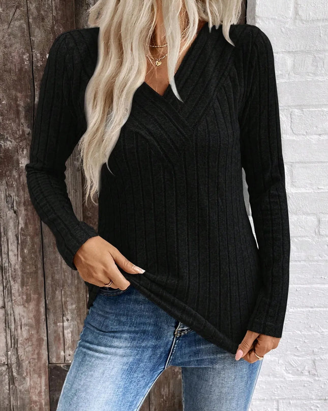 Ribbed V-Neck Long Sleeve Knit T-Shirt