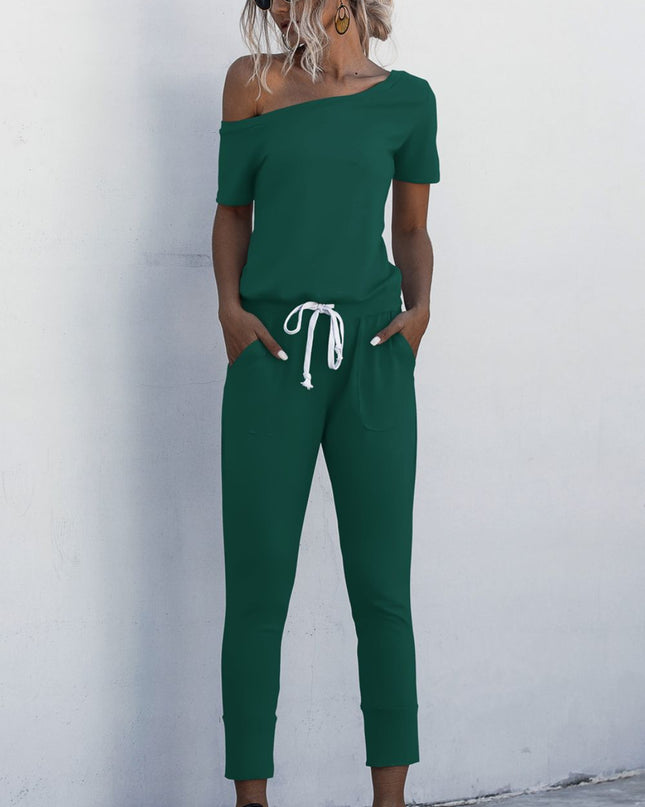 Asymmetrical Neck Tied Jumpsuit with Pockets Forest