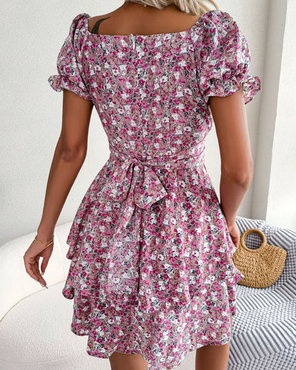 Floral Sweetheart Neck Flounce Sleeve Mini Dress