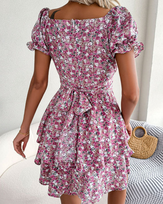 Floral Sweetheart Neck Flounce Sleeve Mini Dress