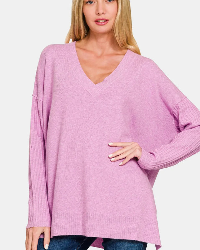 Zenana V-Neck Side Slit High-Low Sweater H Mauve