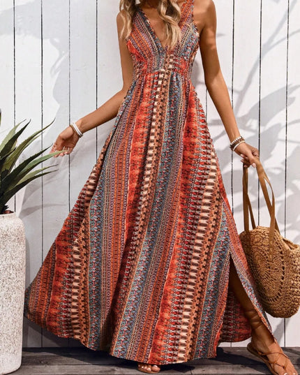 Tied Back Printed Sleeveless Maxi Slit Dress 