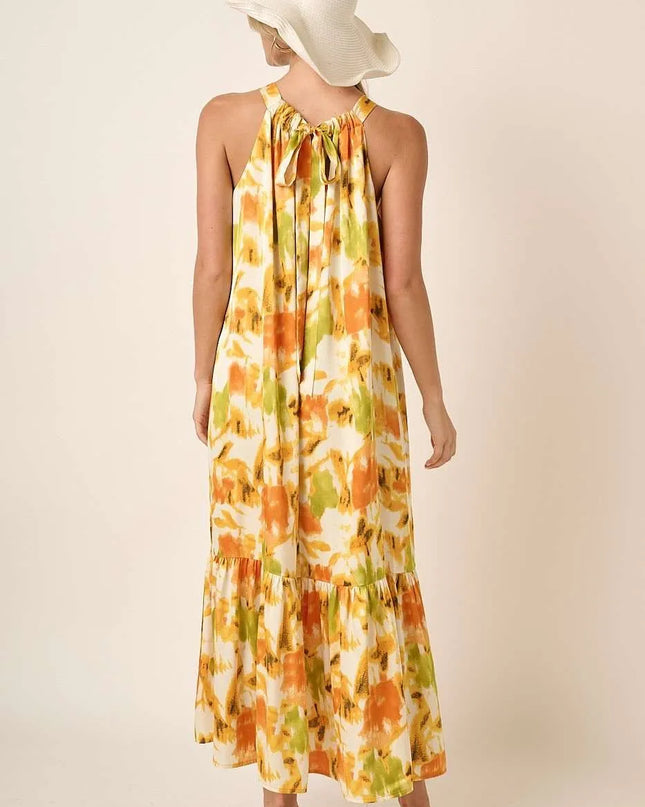 Mittoshop Watercolor Print Halter Neck Satin Maxi Dress 