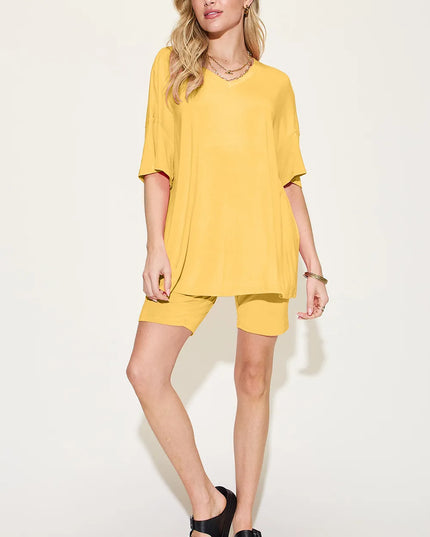 Basic Bae Bamboo Full Size V-Neck Drop Shoulder T-Shirt and Shorts Set