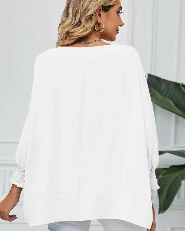 Smocked Lantern Sleeve Round Neck Blouse