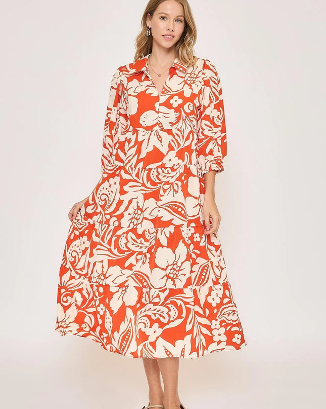 Umgee Floral Print Tiered Midi Dress TOMATO