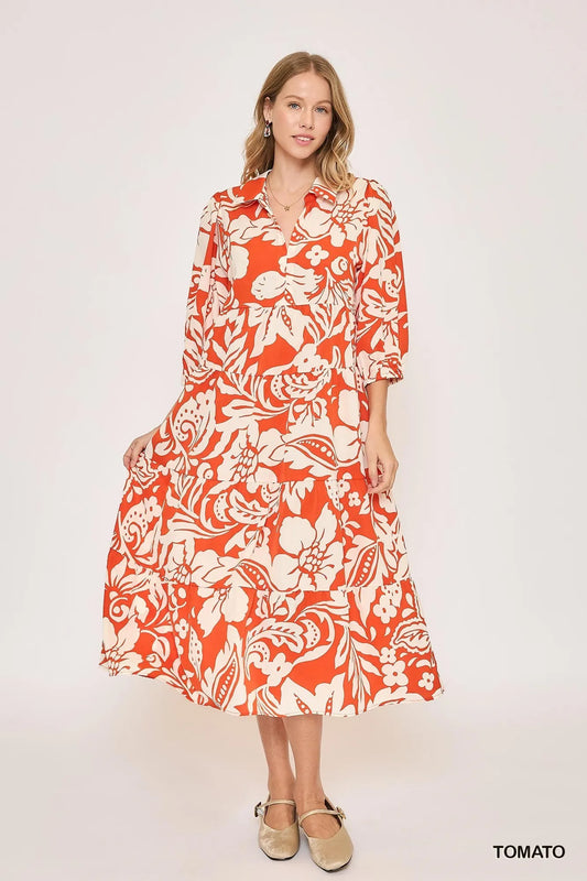 Umgee Floral Print Tiered Midi Dress TOMATO
