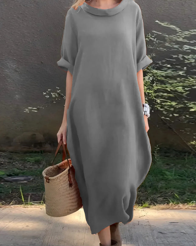 Full Size Casual Loose Fit Round Neck Midi Dress Plus Size Grey