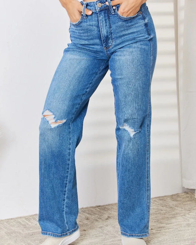 Judy Blue Full Size High Waist Distressed Straight-Leg Jeans