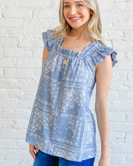 And The Why Boho Print Ruffle Baby Doll Tank Top