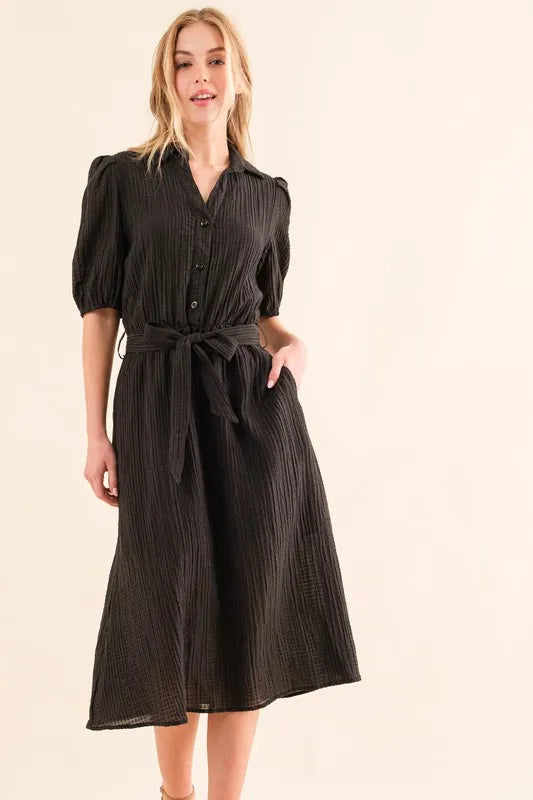 And The Why Waffle Textured Ribbon Waist Midi Dress