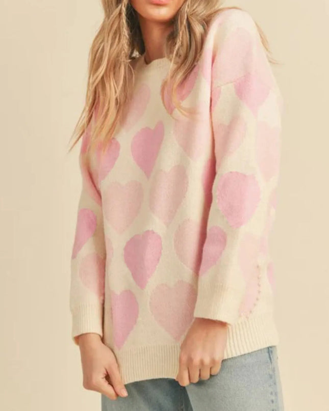 Heart Ribbed Hem Long Sleeve Sweater