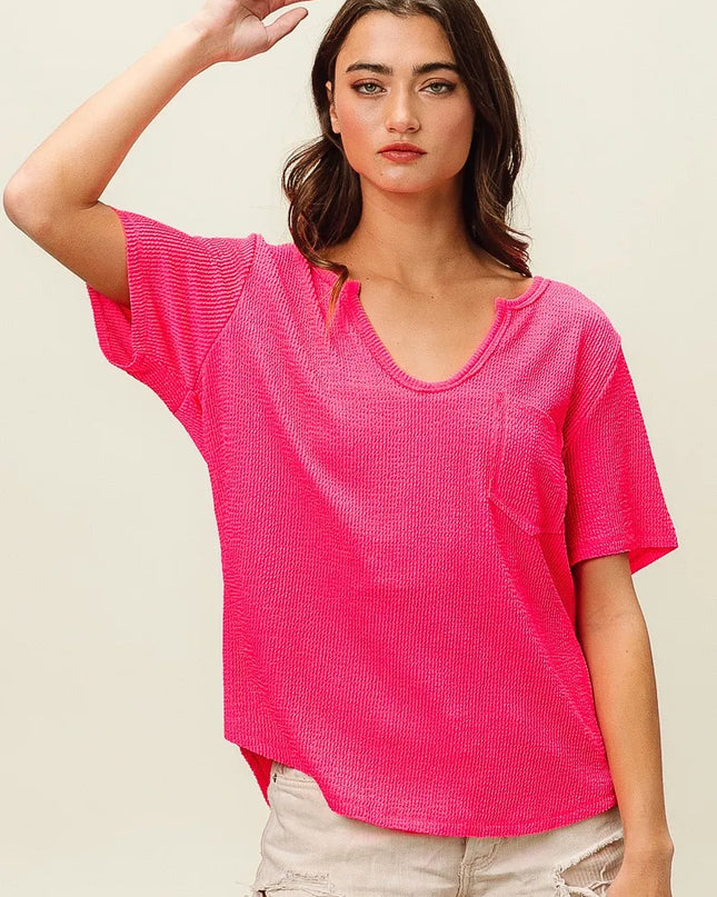 BiBi Waved Rib U Neck Top With Front Pocket
