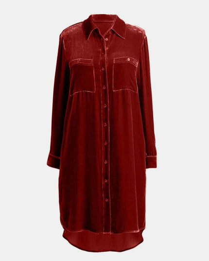 High-Low Button Up Long Sleeve Knee Length Dress