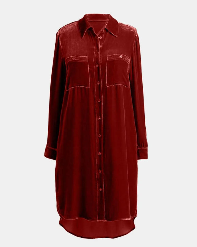 High-Low Button Up Long Sleeve Knee Length Dress