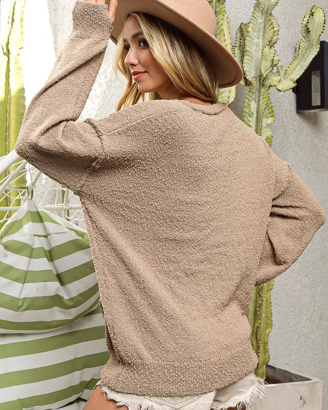 BiBi Raw Edged Popcorn Texture V-neck Sweater