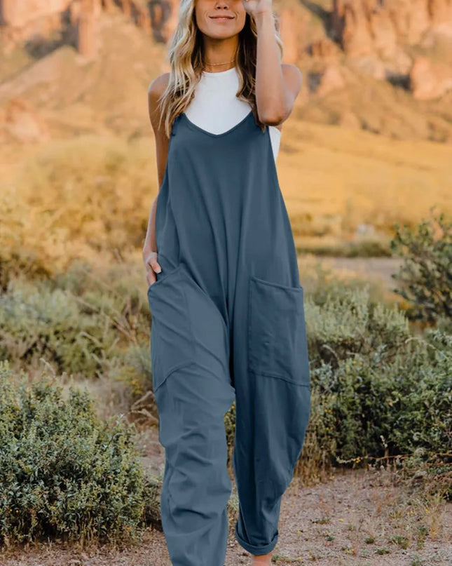 Double Take Full Size V-Neck Sleeveless Jumpsuit with Pockets French Blue