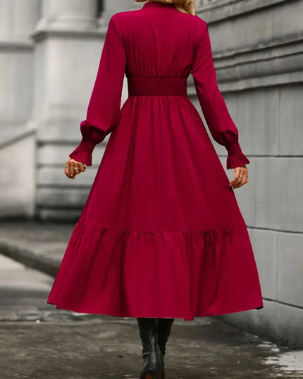 Notched Long Sleeve Tiered Dress
