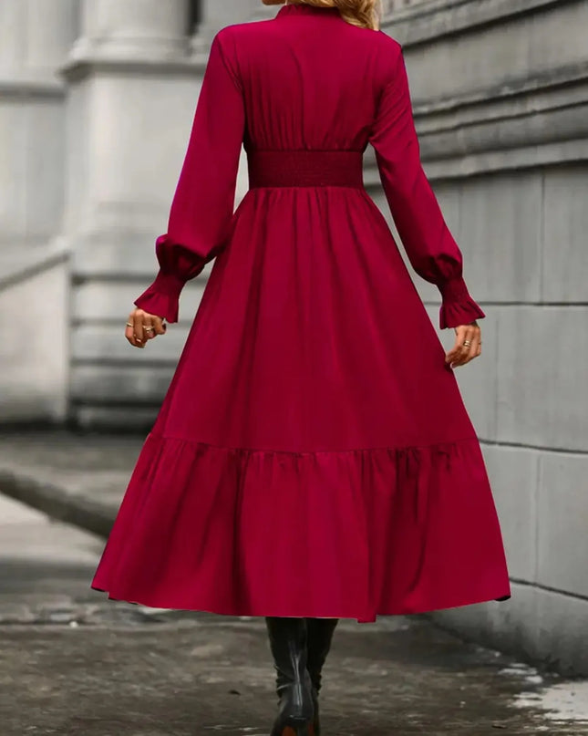 Notched Long Sleeve Tiered Dress