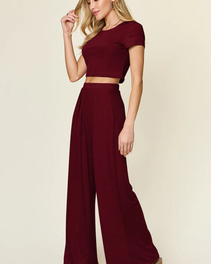 Double Take Full Size Round Neck Top and Pants Set