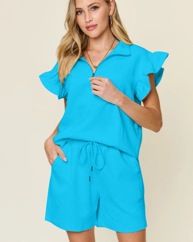 Double Take Full Size Texture Flounce Sleeve Top and Drawstring Shorts Set Aqua